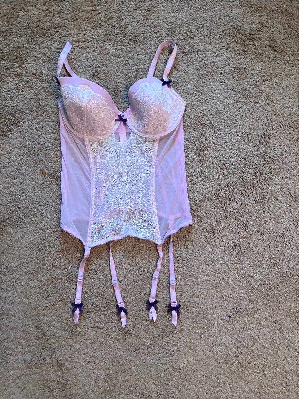 Victoria's Secret Pale Pink Lace Bustier with Navy Bows